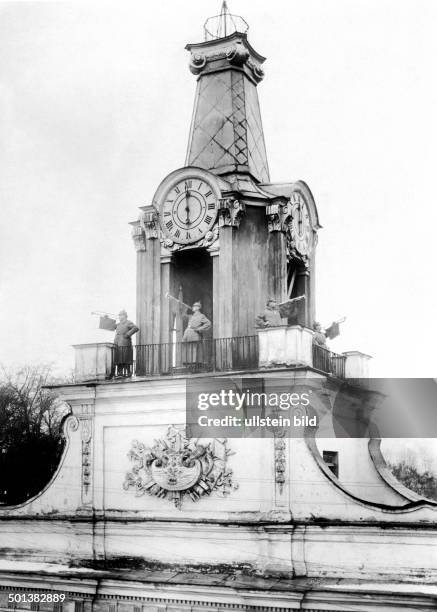 World War I, Russian areas occupied by the German army: German soldiers blowing the clarion on the tower of Bialystok Castle on New Year's Day 1916....