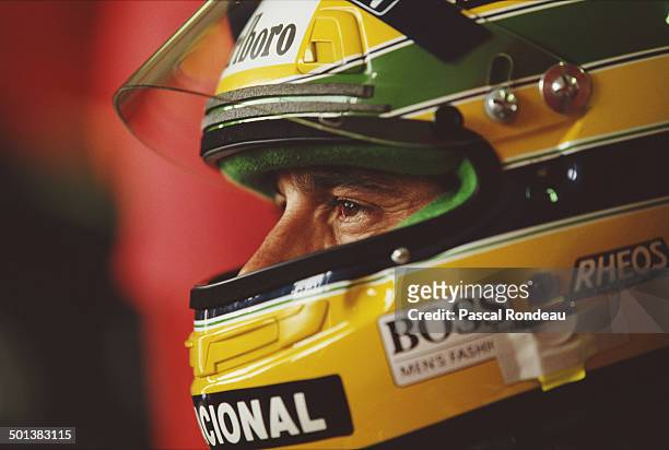 Ayrton Senna of Brazil, driver of the Honda Marlboro McLaren McLaren MP4/6 Honda RA121E V10 during practice for the San Marino Grand Prix on 27th...