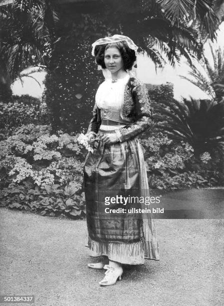 Viktoria Luise of Prussia Only daughter of German Emperor Wilhelm II The Princess wearing a traditional Corfiote costume Probably on the premises of...