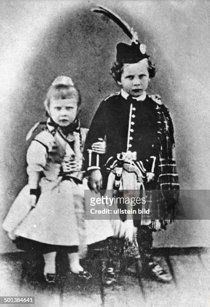 Wilhelm II. German Emperor 1888-1918 King of Prussia Wilhelm II as a child with his sister Princess Charlotte, both wear Scottish costumes - 1864