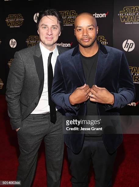 Actors Zach Braff and Donald Faison attend the World Premiere of Star Wars: The Force Awakens at the Dolby, El Capitan, and TCL Theatres on...