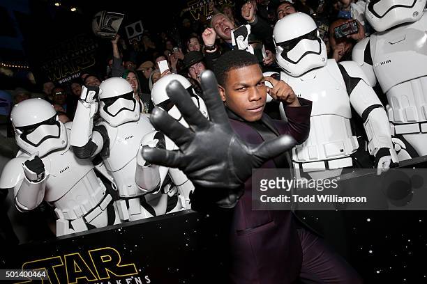 Actor John Boyega attends the World Premiere of Star Wars: The Force Awakens at the Dolby, El Capitan, and TCL Theatres on December 14, 2015 in...