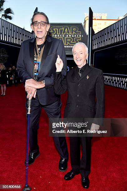 Actors Peter Mayhew and Anthony Daniels attend the World Premiere of Star Wars: The Force Awakens at the Dolby, El Capitan, and TCL Theatres on...