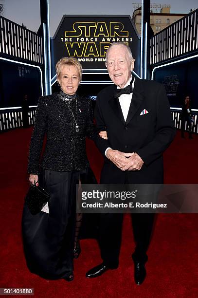 Producer Catherine Brelet and actor Max von Sydow attend the World Premiere of Star Wars: The Force Awakens at the Dolby, El Capitan, and TCL...