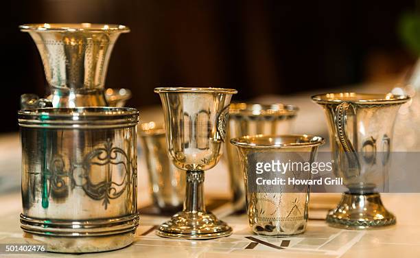 silver passover wine cups - kiddush cup fotografías e imágenes de stock