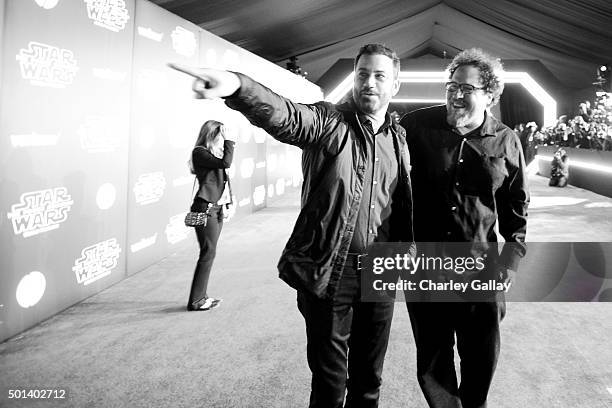 Personality Jimmy Kimmel and actor/director Jon Favreau attend the World Premiere of Star Wars: The Force Awakens at the Dolby, El Capitan, and TCL...