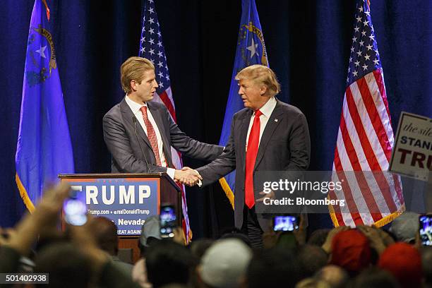 Donald Trump, president and chief executive officer of Trump Organization Inc. And 2016 Republican presidential candidate, right, shakes hands with...