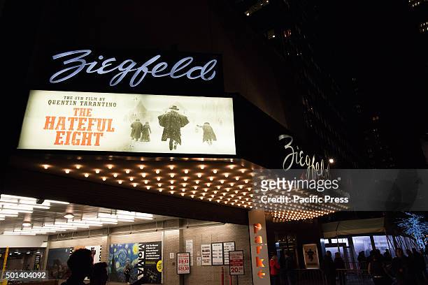 The Ziegfeld Theater's marquis advertises Tarantino's film "Hateful Eight." At the premiere of his new film "Hateful Eight" at the historic Ziegfeld...