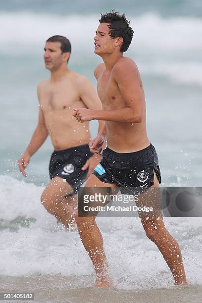 Jack Silvagni participates in a recovery session at the beach during the Carlton Blues AFL pre-season training camp on December 15, 2015 in Gold...
