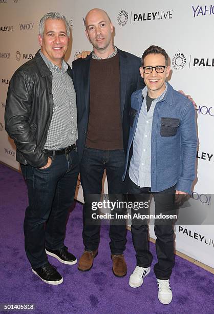 Producers Aaron Kaplan, Justin Adler, and Jason Winer attend an evening with 'Life In Pieces' at The Paley Center for Media on December 14, 2015 in...