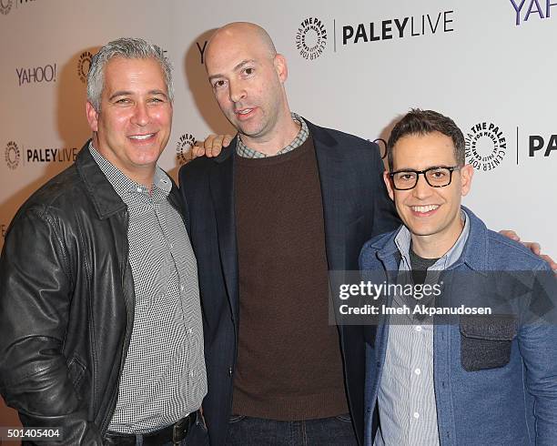 Producers Aaron Kaplan, Justin Adler, and Jason Winer attend an evening with 'Life In Pieces' at The Paley Center for Media on December 14, 2015 in...