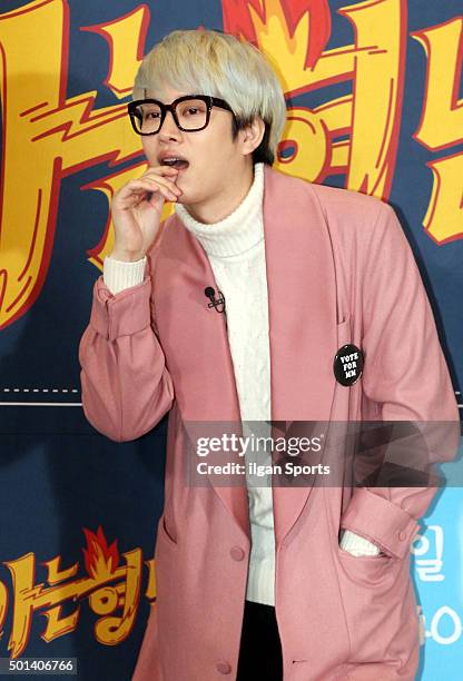 Kim Heechul of Super Junior attends the JTBC "Bros" press conference at Tom N Toms on December 4, 2015 in Seoul, South Korea.