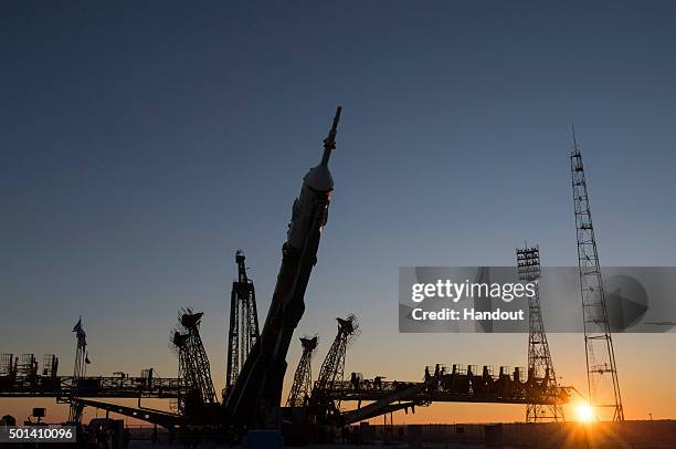 In this handout image supplied by the European Space Agency , The Soyuz TMA-19M spacecraft is moved into vertical position at Baikonur Cosmodrome...