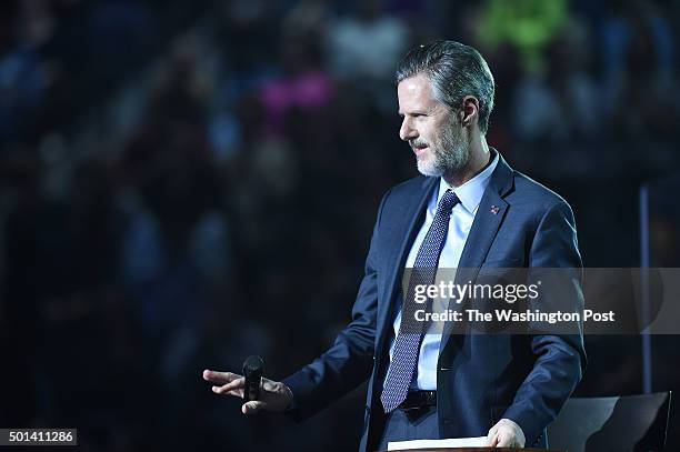 Liberty University President Jerry Falwell Jr. Addresses students during a convocation at the Vines Center on the campus of Liberty University on...