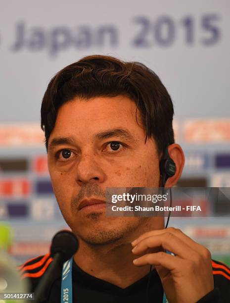 River Plate coach Marcelo Gallardo talks to the media during a press conference at Osaka Nagai Stadium on December 15, 2015 in Osaka, Japan.