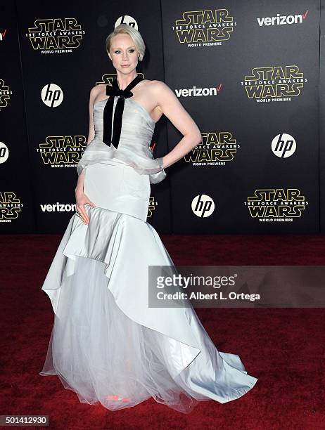 Actress Gwendoline Christie arrives for the Premiere Of Walt Disney Pictures And Lucasfilm's "Star Wars: The Force Awakens" held on December 14, 2015...