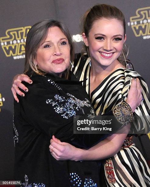 Actress Carrie Fisher and daughter actress Billie Lourd attend the Premiere of Walt Disney Pictures and Lucasfilm's 'Star Wars: The Force Awakens' on...