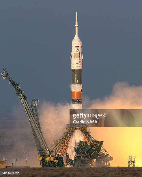 In this handout image supplied by NASA, The Soyuz TMA-19M rocket with Expedition 46 Soyuz Commander Yuri Malenchenko of the Russian Federal Space...