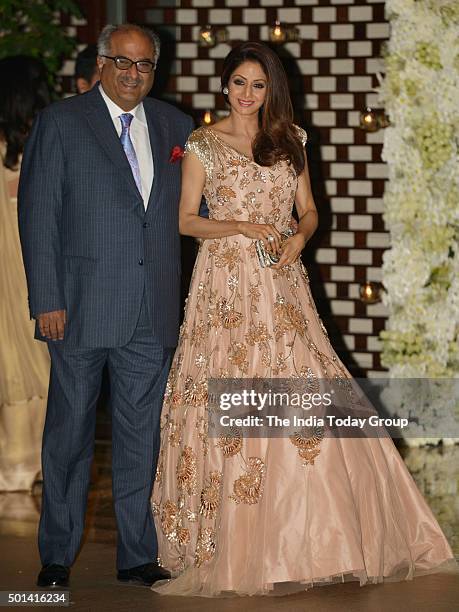 Sridevi and Boney Kapoor at Ambani's party to celebrate Harbhajan Singh & Rohit Sharma's wedding in Mumbai.