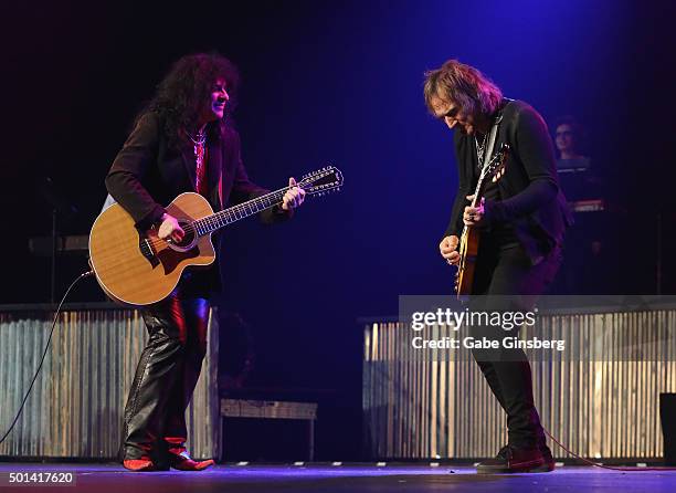 Singer Paul Shortino and guitarist Dave Amato of REO Speedwagon perform during the Mondays Dark 2nd anniversary at The Joint inside the Hard Rock...