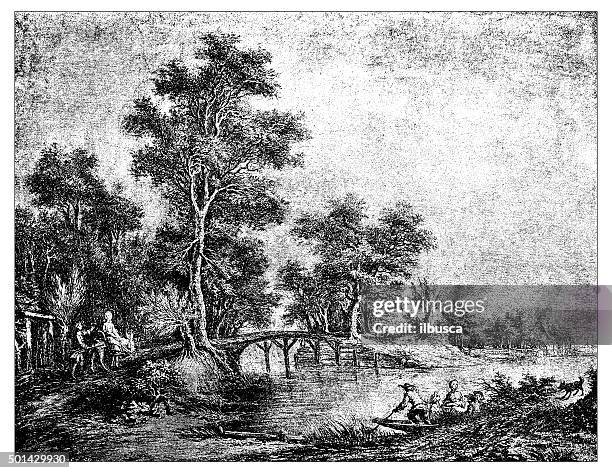 antique illustration of the banks of loiret river - loire valley 幅插畫檔、美工圖案、卡通及圖標