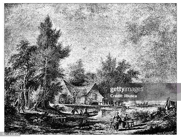 antique illustration of french19th century river landscape - loire valley 幅插畫檔、美工圖案、卡通及圖標