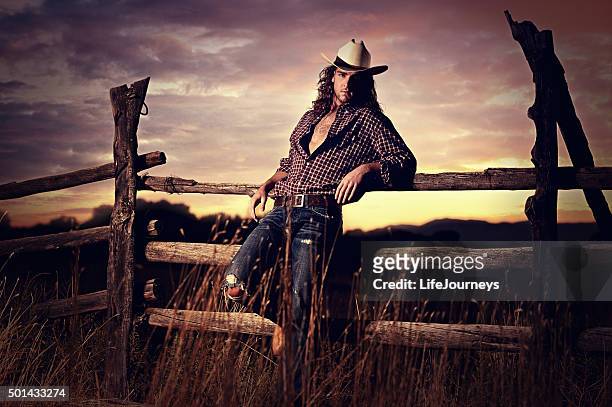 sexy country cowboy in a western sunset - handsome cowboy stock pictures, royalty-free photos & images