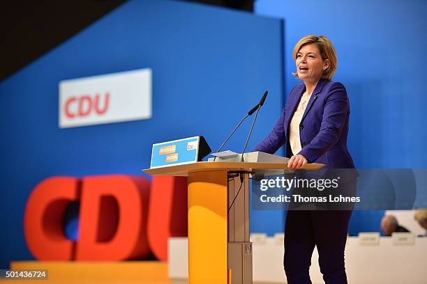 Deputy chairwoman of CDU party Julia Kloeckner speaks at the annual CDU federal congress on December 15, 2015 in Karlsruhe, Germany. The CDU is...