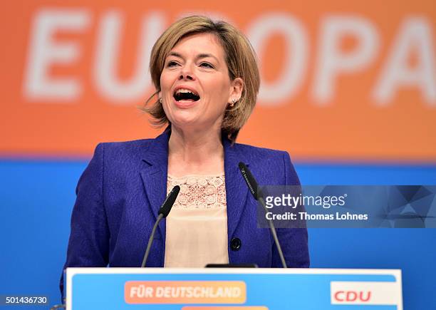 Deputy chairwoman of CDU party Julia Kloeckner speaks at the annual CDU federal congress on December 15, 2015 in Karlsruhe, Germany. The CDU is...