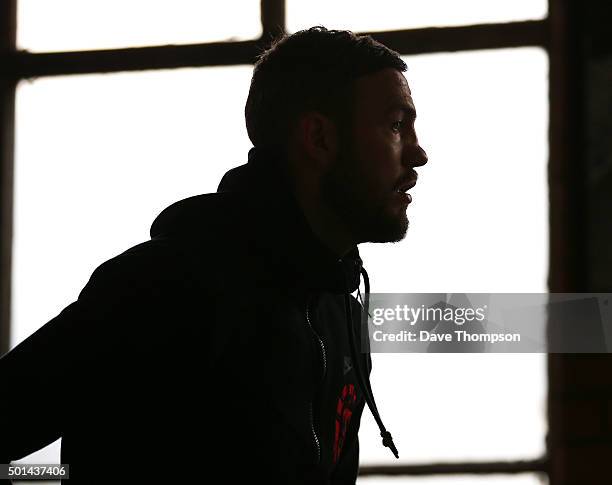 Boxer Andy Lee during a media work-out at Arnie's Gym on December 15, 2015 in Manchester, England. Lee defends his World Middleweight title against...