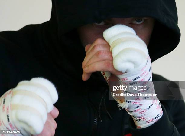 Boxer Andy Lee during a media work-out at Arnie's Gym on December 15, 2015 in Manchester, England. Lee defends his World Middleweight title against...