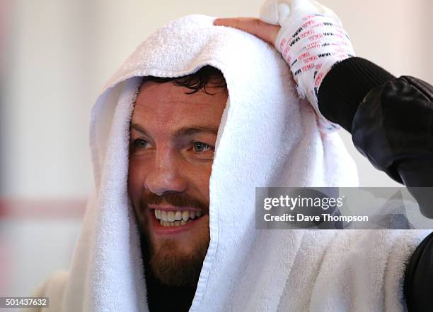 Boxer Andy Lee during a media work-out at Arnie's Gym on December 15, 2015 in Manchester, England. Lee defends his World Middleweight title against...