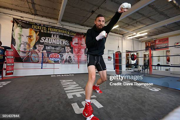 Boxer Andy Lee during a media work-out at Arnie's Gym on December 15, 2015 in Manchester, England. Lee defends his World Middleweight title against...