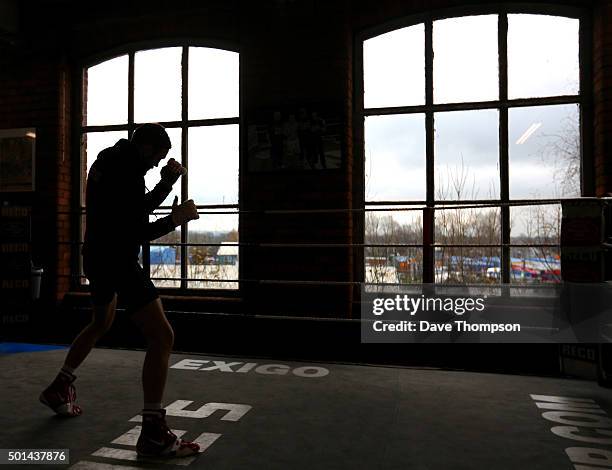 Boxer Andy Lee during a media work-out at Arnie's Gym on December 15, 2015 in Manchester, England. Lee defends his World Middleweight title against...