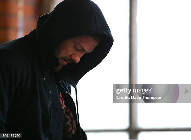 Boxer Andy Lee during a media work-out at Arnie's Gym on December 15, 2015 in Manchester, England. Lee defends his World Middleweight title against...