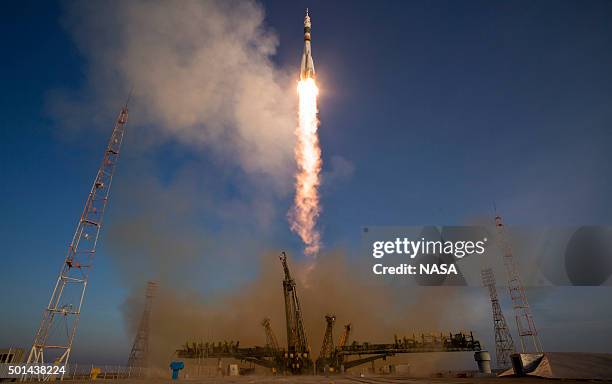 In this handout image supplied by NASA, The Soyuz TMA-19M rocket with Expedition 46 Soyuz Commander Yuri Malenchenko of the Russian Federal Space...