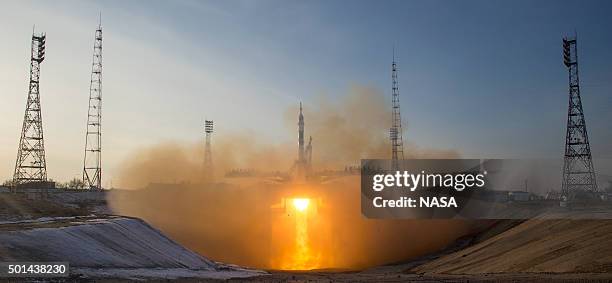 In this handout image supplied by NASA, The Soyuz TMA-19M rocket with Expedition 46 Soyuz Commander Yuri Malenchenko of the Russian Federal Space...