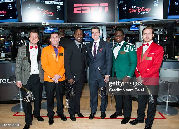 Hosts of ESPNs College GameDay, Desmond Howard and Rece Davis attend the NYSE opening bell at New York Stock Exchange on December 15, 2015 in New...