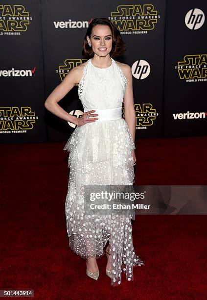 Actress Daisy Ridley attends the premiere of Walt Disney Pictures and Lucasfilm's "Star Wars: The Force Awakens" at the Dolby Theatre on December 14,...