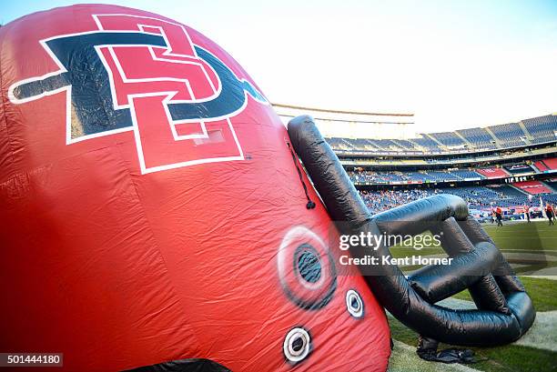 Giant inflatable helmet is set up for members of the San Diego State Aztecs walk through on their way out onto the field prior to playing the...