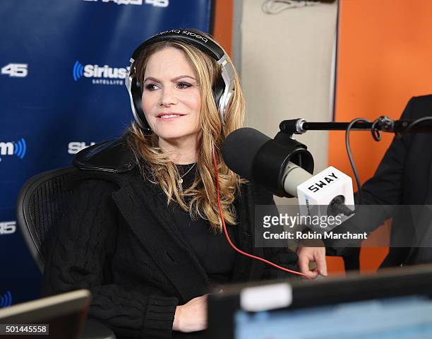 Jennifer Jason Leigh visits 'Sway in the Morning' with Sway Calloway on Eminem's Shade 45 at SiriusXM Studios on December 15, 2015 in New York City.