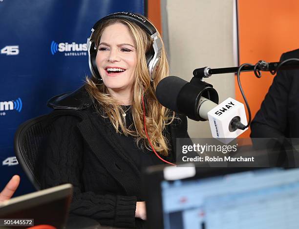 Jennifer Jason Leigh visits 'Sway in the Morning' with Sway Calloway on Eminem's Shade 45 at SiriusXM Studios on December 15, 2015 in New York City.