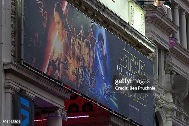 Star Wars promotional posters are setup in Leicester Square ahead of the European film premiere of Star Wars: The Force Awakens on December 15, 2015...