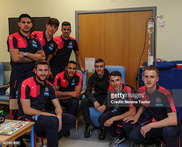 Newcastle Players seen L-R Aleksandar Mitrovic, Paul Dummett, Brendan Pearson, Karl Darlow, Jamaal Lascelles, Dan Barlaser and Callum Williams pose...