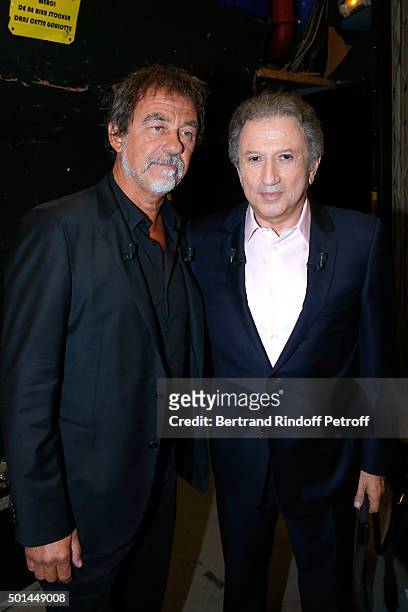 Main Guest of the Show actor Olivier Marchal and Presenter of the Show Michel Drucker attend the 'Vivement Dimanche' French TV Show at Pavillon...