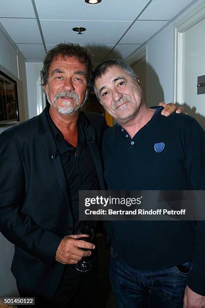 Main Guest of the Show actor Olivier Marchal and Humorist Jean-Marie Bigard attend the 'Vivement Dimanche' French TV Show at Pavillon Gabriel on...