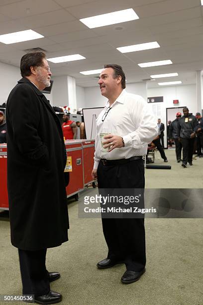 Co-Chariman John York and Head Coach Jim Tomsula of the San Francisco 49ers talk in the locker room prior to the game against the Cleveland Browns at...