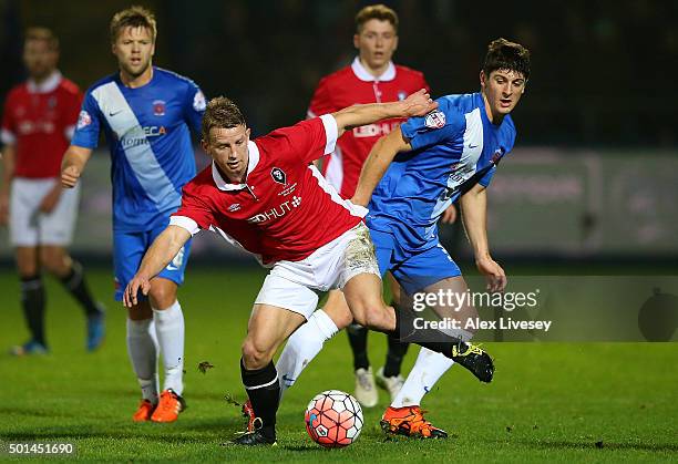 Jake Gray of Hartlepool United competes with Gary Stopforth of Salford City during the Emirates FA Cup second round replay match between Hartlepool...