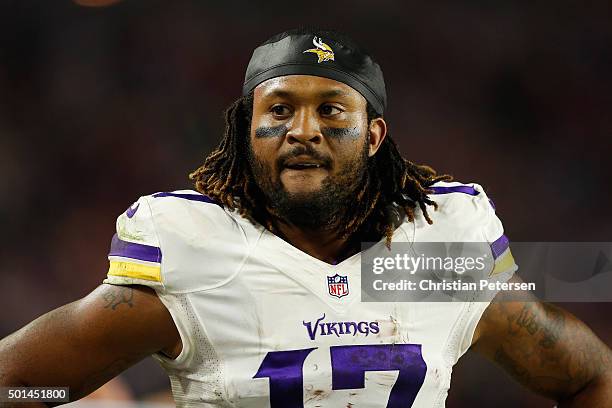 Wide receiver Jarius Wright of the Minnesota Vikings on the sidelines during the NFL game against the Arizona Cardinals at the University of Phoenix...