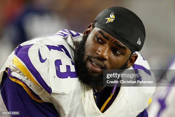 Defensive tackle Sharrif Floyd of the Minnesota Vikings on the sidelines during the NFL game against the Arizona Cardinals at the University of...